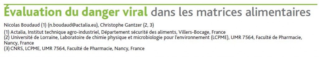 Article ACTALIA - Evaluation du danger viral dans les matrices alimentaires